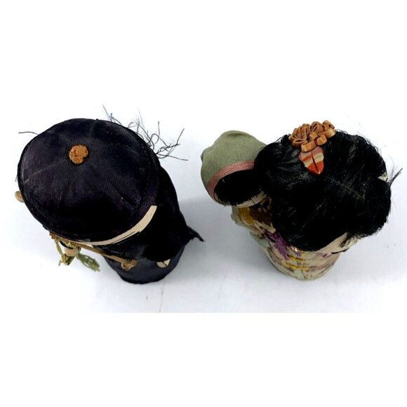 Asian Hand Made Folk Art Doll Family Wood Silk Cloth 6" Lot of 2 Vintage - Picture 10 of 11